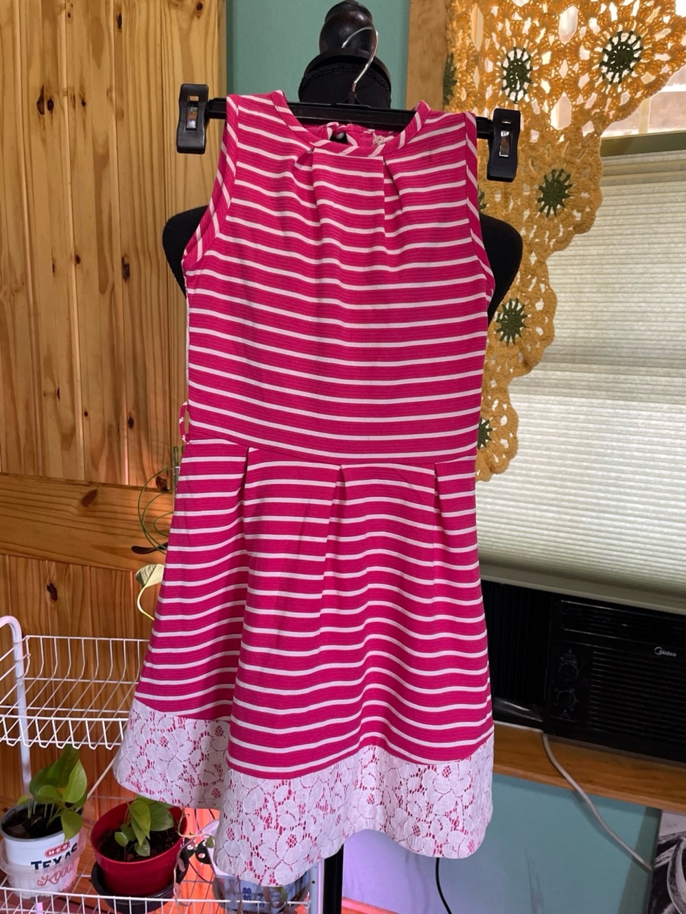 Girls' Pink Striped Lace-Hem Dress